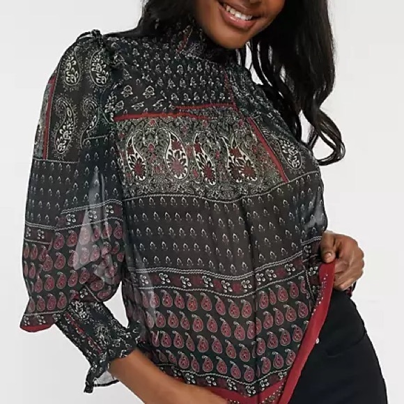 TOPSHOP paisley print shirred sleeve top size 2 - Picture 3 of 4